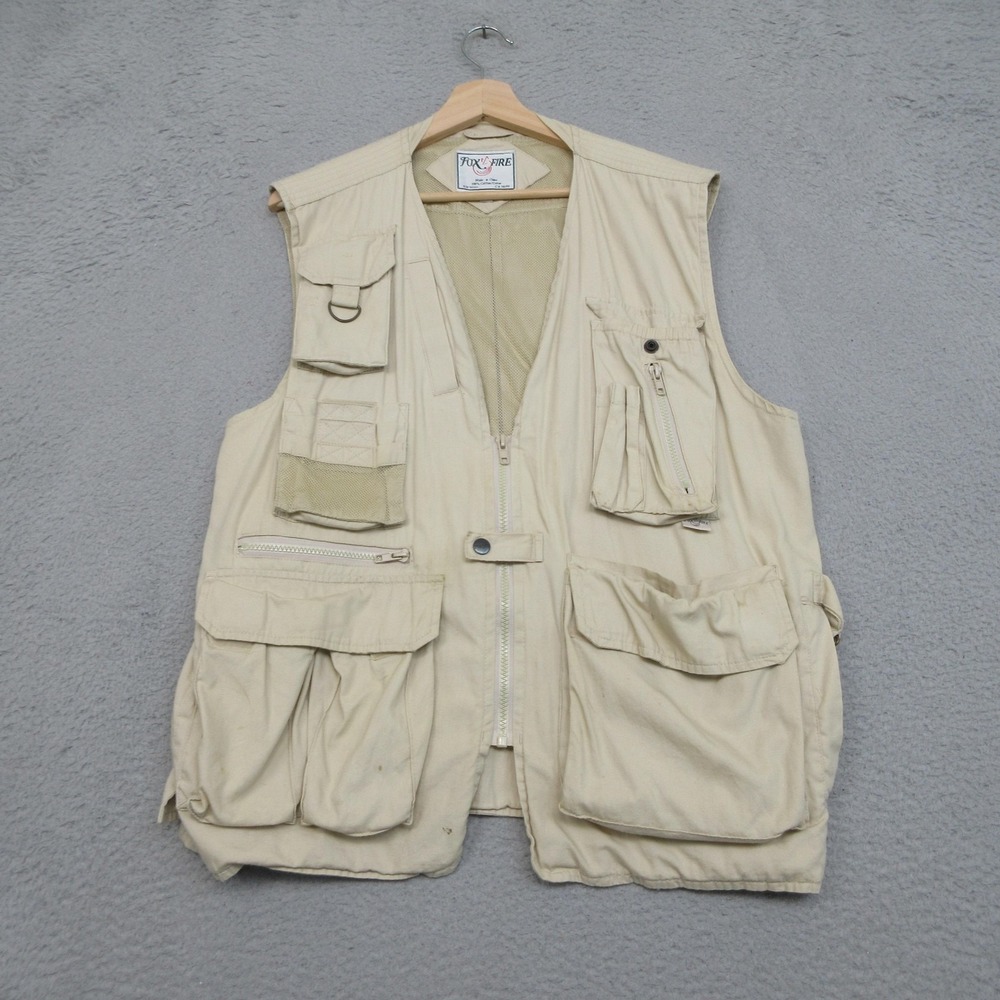 Foxfire Utility Vest Mens L Beige Cotton Canvas Fishing Travel Pockets Outdoor
